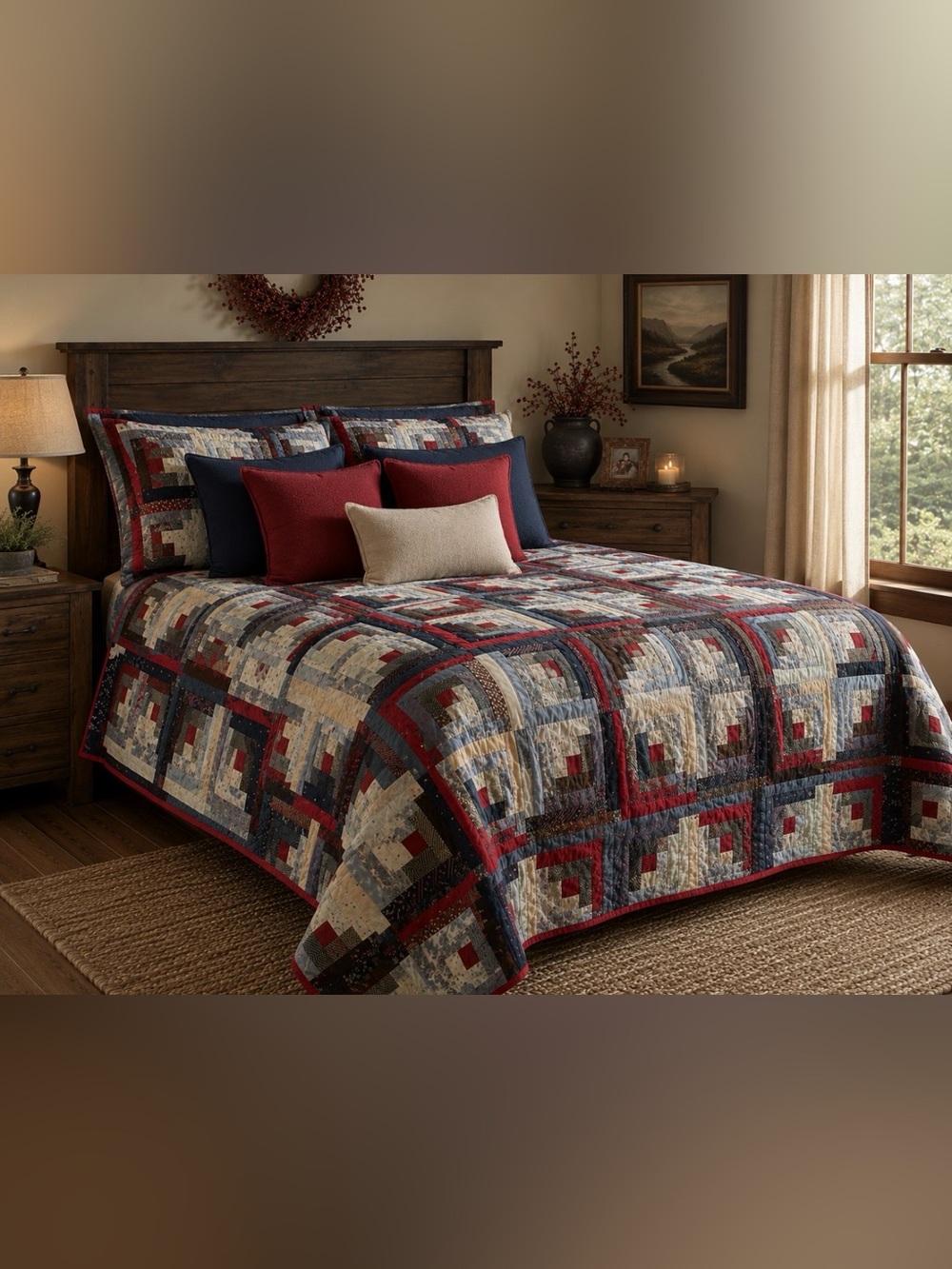 93βx80β handmade heirloom vintage Log Cabin Quilt Set in Navy, Red, Cream